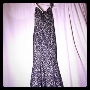 Metallic Silver Sequins Dark Blue Prom Dress